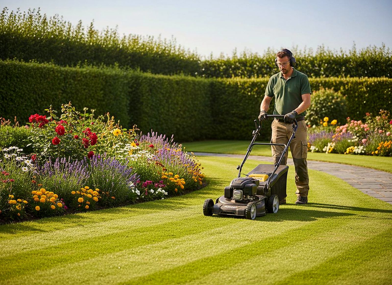 Gepflegter Garten mit Rasen und Hecke